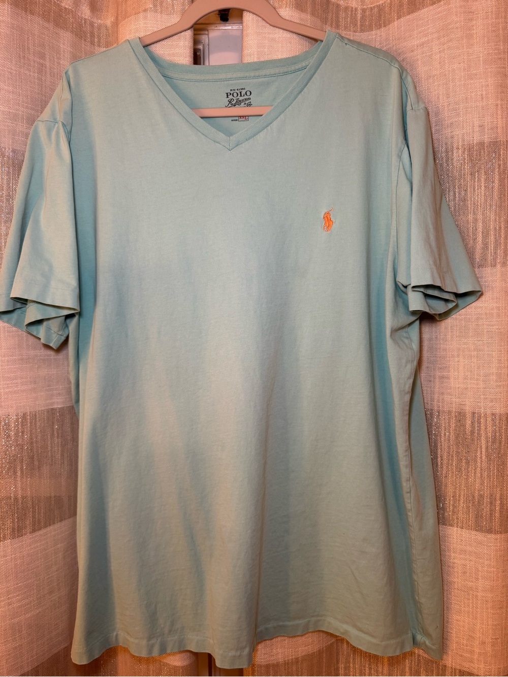 Polo by Ralph Lauren Light Aqua V-Neck T-Shirt with Orange Pony